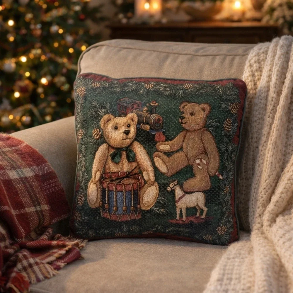 Vintage Christmas Teddy Bear Tapestry Square Throw Pillow‎ Toys Train Drum
